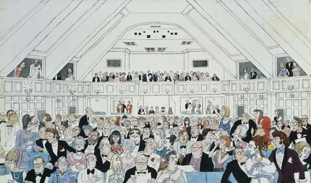 An Audience at Glyndebourne, 1969: Cover Design for the Programme. Osbert Lancaster (1908-1986). Watercolour, bodycolour, pen and brush and pencil heightened with white. 34.5 x 52cm.