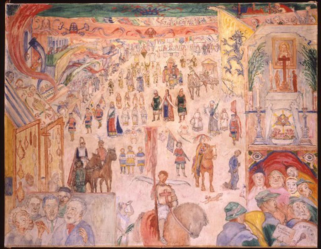 The Procession of Saint Godelieve of Ghistelles; La Procession de Sainte Godelieve a Ghistelles. James Ensor (1860-1949). Oil on canvas. Painted in 1932. 114 x 147cm. The procession in the painting portrays the annual July celebration of Saint Godelieve, the patron saint of Flanders.