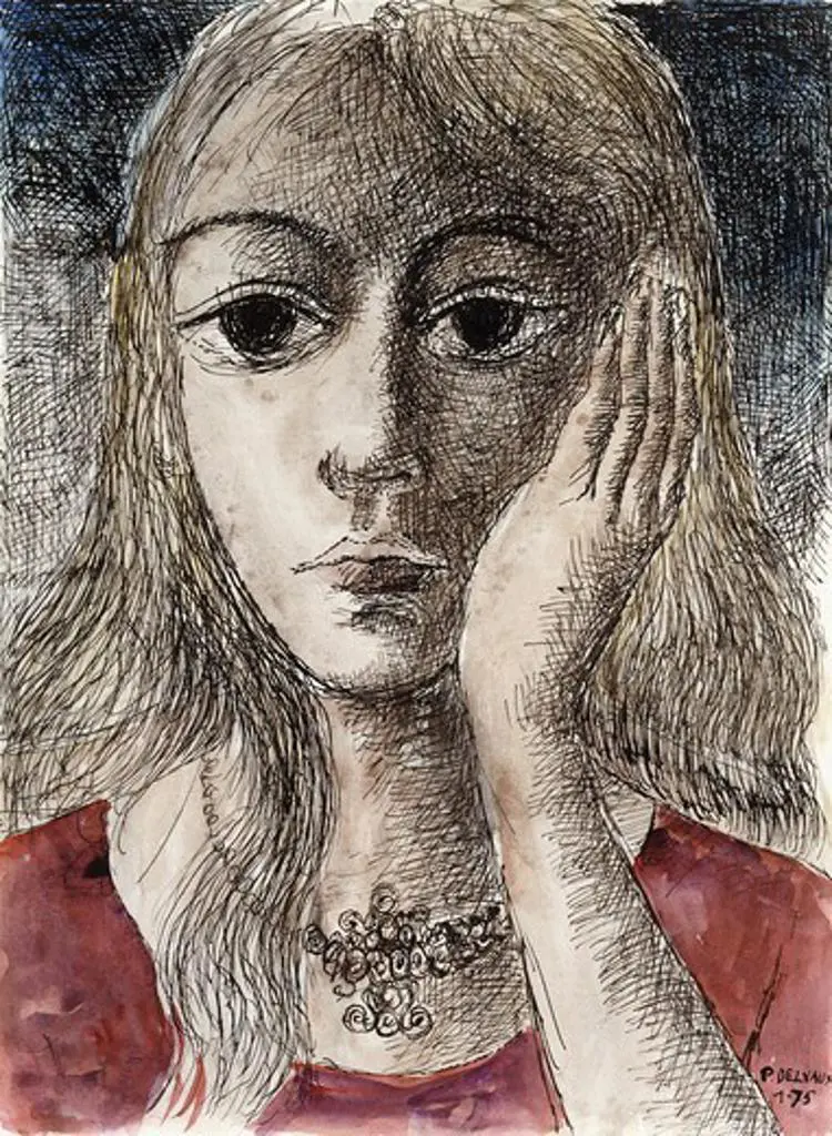The Thought; Le Pensee. Paul Delvaux (1897-1994). Watercolour, pen and black ink on paper. Signed and dated 1975. 32.7 x 24.2cm.