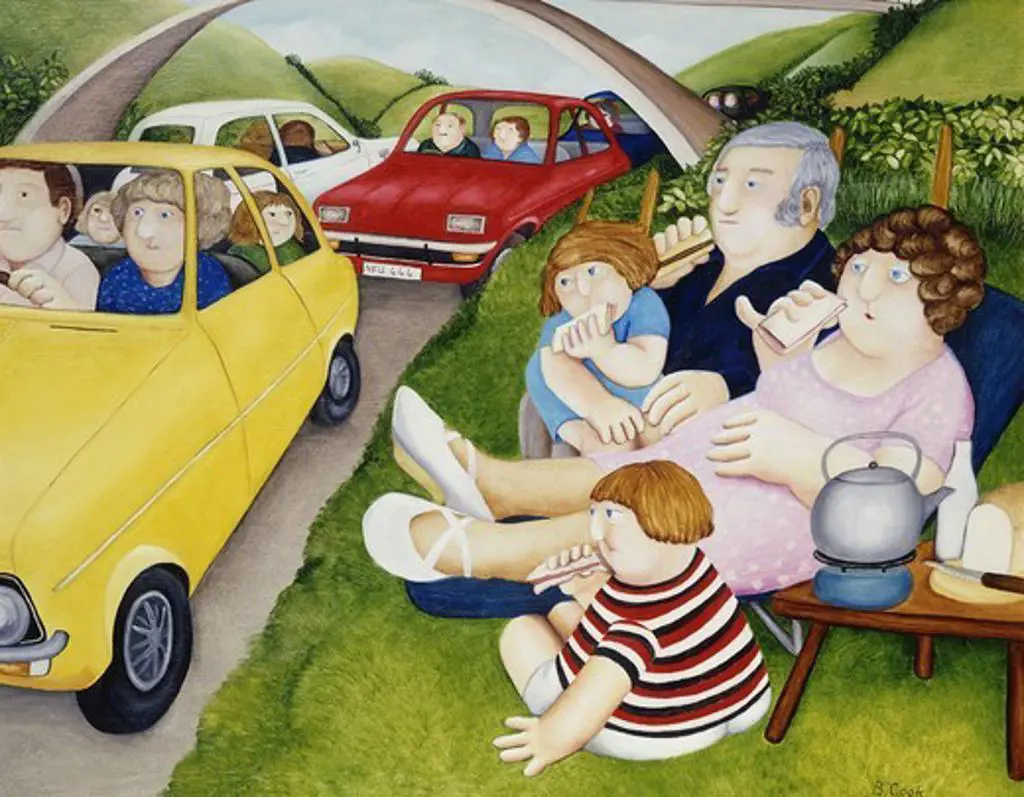Roadside Snack. Beryl Cook (1926-2008). Oil on panel. 24 x 30in.