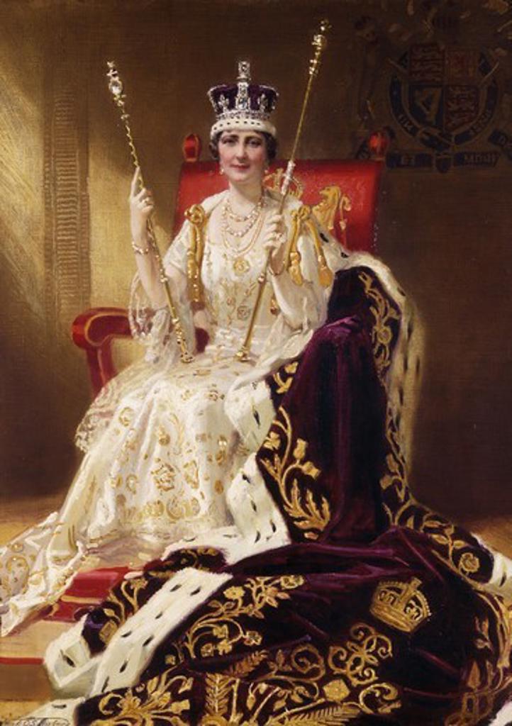 Portrait of H.M. Queen Elizabeth, seated full length, in Coronation Robes.  Frank O. Salisbury (1874-1962). Oil on canvas. Signed and dated 1937. 76.2 x 55.9cm