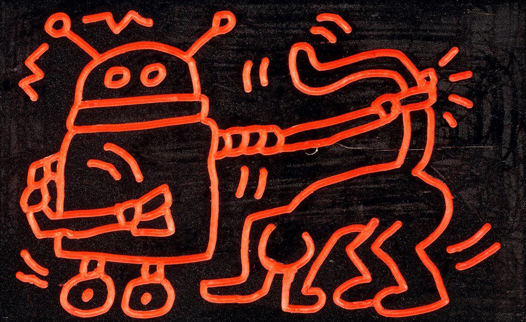 Untitled. Keith Haring (1958-1990). Enamel on wood. 28 x 45cm. Signed 'C Kermit Oswald' on reverse and dated 1983. 28 x 45cm.