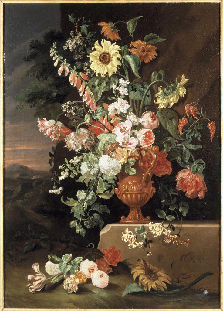 Sunflowers, Foxgloves, Honeysuckle And Other Flowers In An Urn On A Ledge Monnoyer, Jean-Baptiste(1634-1699 French) Oil On Canvas Christie's Images, London, England 
