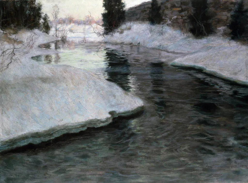 Thawing Ice: The Lysaker River, by Fritz Thaulow, pastel on canvas, (1847-1906), England, London, Christie's Images