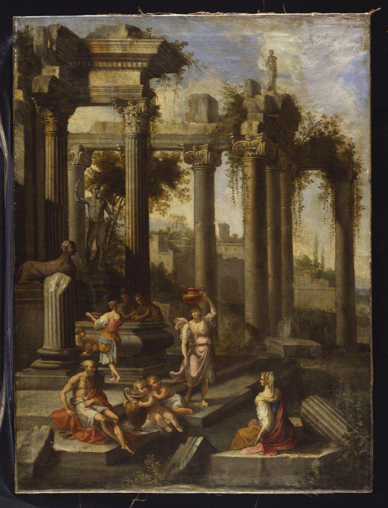 Capricci of Classical Ruins with Water Carriers, Philosophers and Noblemen (left panel). Circle of Giovanni Ghisolfi (1623/32-1683). Oil on canvas, 99 x 74.3cm.