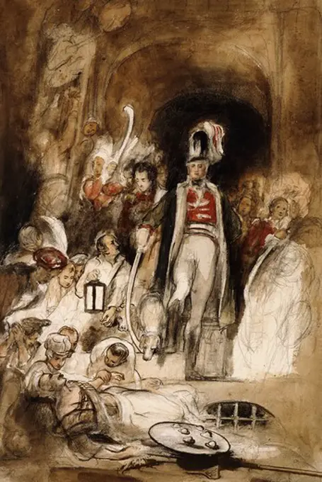 A Study for 'Sir David Baird Discovering the Body of Tipu Sahib'. Sir David Wilkie (1785-1841). Pencil, black chalk and watercolour. Dated 1838. 40.6 x 27.2cm.