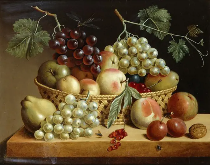 A Basket of Grapes, Apples, Peaches and other Fruit on a Ledge. Dutch School, Circa 1833. Oil on panel. 36.2 x 45.8cm