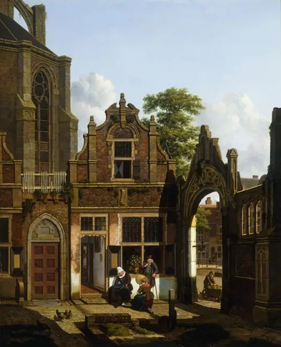 A Dutch Courtyard. Jan Hendrick Verheyden (1778-1846). Oil on panel. Signed and dated 1822. 77.5 x 63.5cm