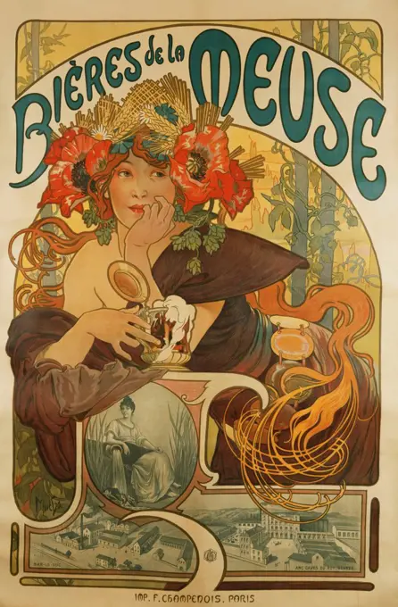 Meuse Beer; Bieres de La Meuse. Alphonse Mucha (1860-1939). Colour lithograph. Executed in 1897. 60 x 39cm.