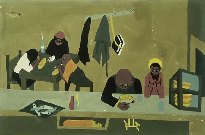 Harlem Diner. Jacob Lawrence (1917-2000). Gouache on paper laid on board. dated 1938. 32 x 48.5cm