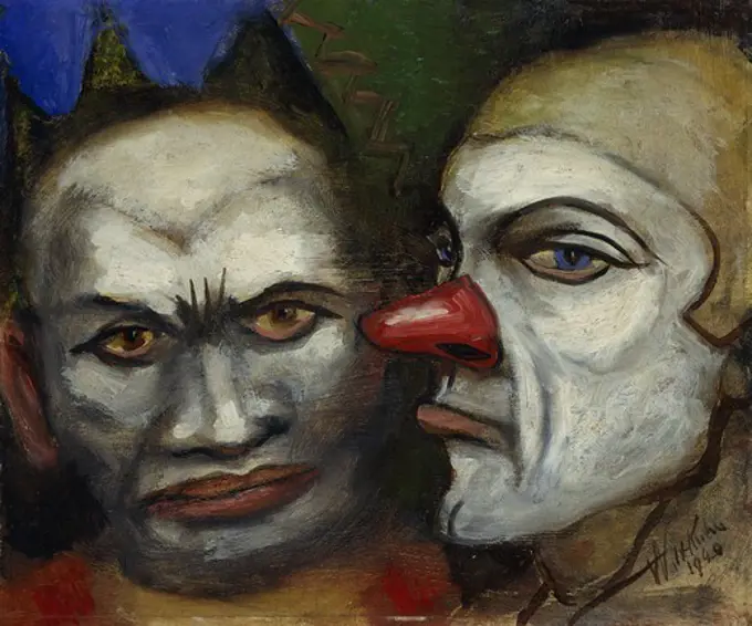 Two Clowns. Walt Kuhn (1880-1949). Oil on masonite. Signed and dated 1940. 25.5 x 30.6cm