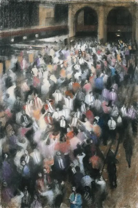 The Futures Market III, Royal Exchange. Bill Jacklin (b. 1943). Pastel. Dated 1988. 152.5 x 101.5cm.
