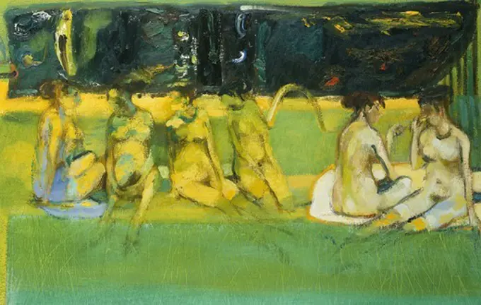 Women in a Meadow. Sir Robin Philipson (1916-1992). Oil on board. Dated 1980. 58.8 x 75cm