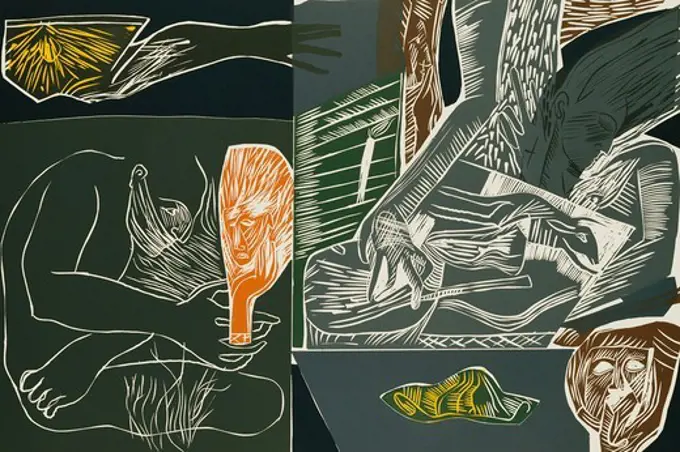 Dedalus. Mimmo Paladino (b. 1948). Linocut printed in colours on wove paper. Dated 1984. 80.9 x 121cm. Numbered 53/65.