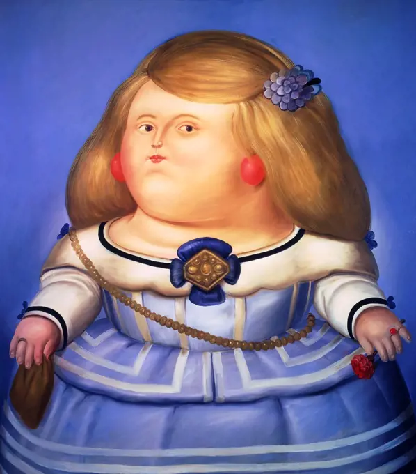 Princess Margarita after Velazquez. Fernando Botero  (b.1932). Oil on canvas. Painted in 1978. 214.3 x 189.9cm.