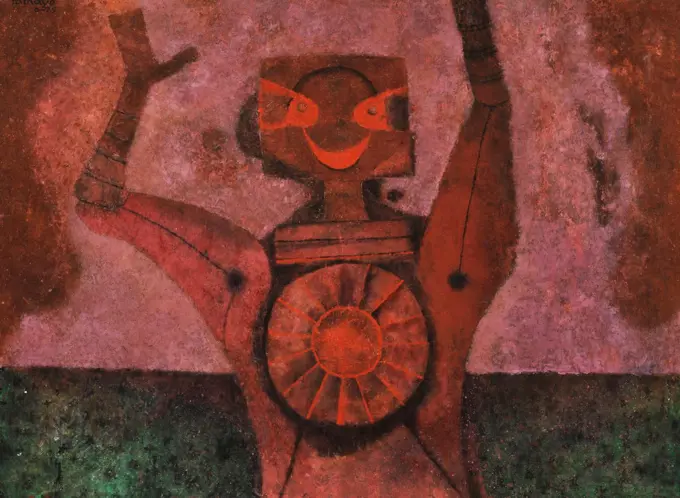 Man with Arms Raised; Hombre con los Brazos en Alto. Rufino Tamayo (1899-1991). Oil and sand on canvas. Painted in 1975. 97 x 130.3cm.