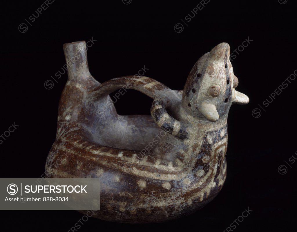 Stock Photo: 888-8034 Circular Vessel With A Zoomorphic Figure And Bridge Handle, Peru, Vicus C.200-500 A.D. Pre-Columbian Ceramic Collection of The Museum of Contemporary Art, Jacksonville, Florida 