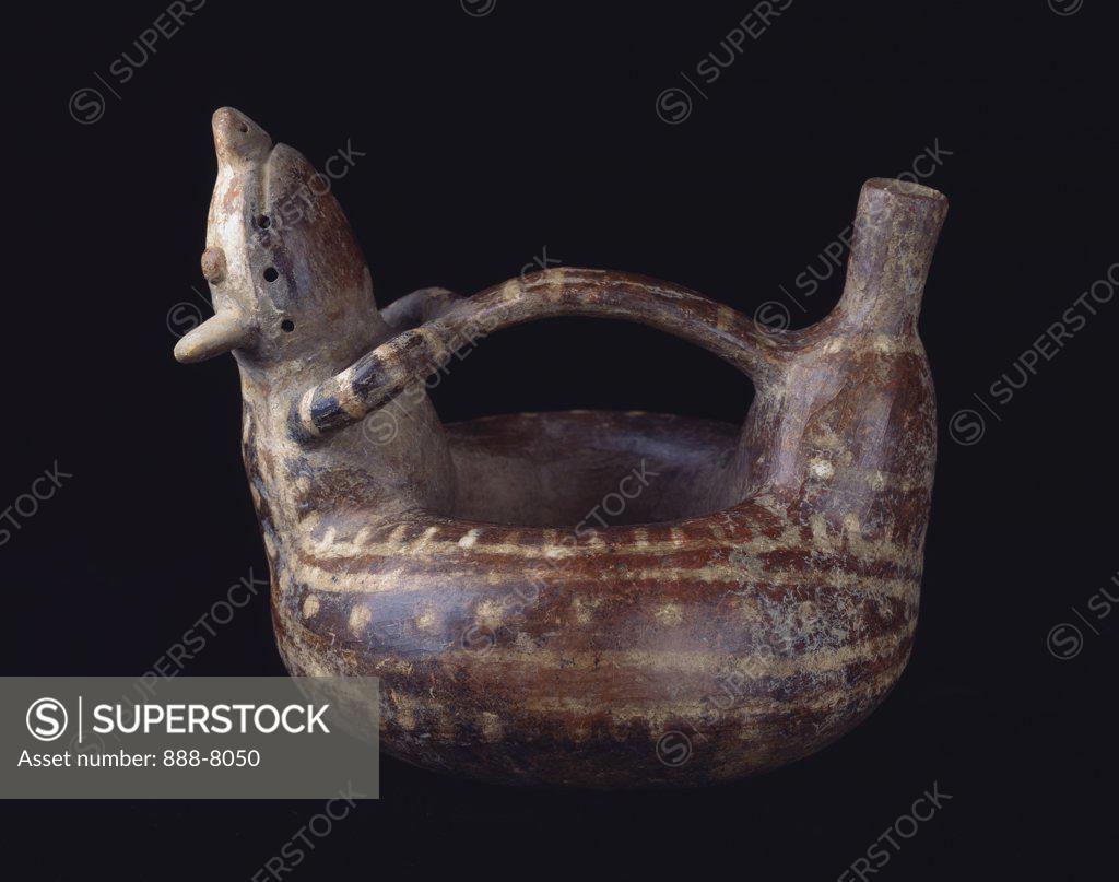 Stock Photo: 888-8050 Circular Vessel With A Zoomorphic Figure And Bridge Handle, Peru, Vicus C.200-500 A.D. Pre-Columbian Ceramic Collection of The Museum of Contemporary Art, Jacksonville, Florida 