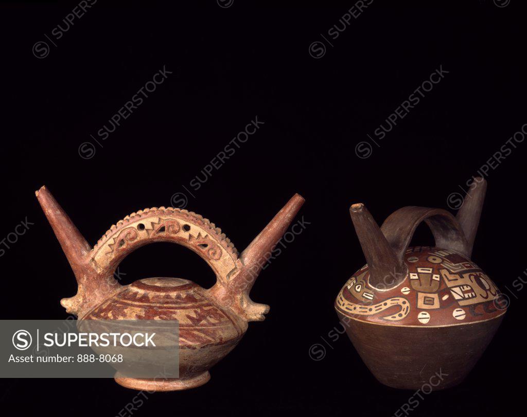 Stock Photo: 888-8068 Bridged double spout bottles, from Lambayeque, Peru, USA, Florida, Jacksonville, Museum of Modern Art, Pre-Columbian Art, Circa 700-1200 A.D.