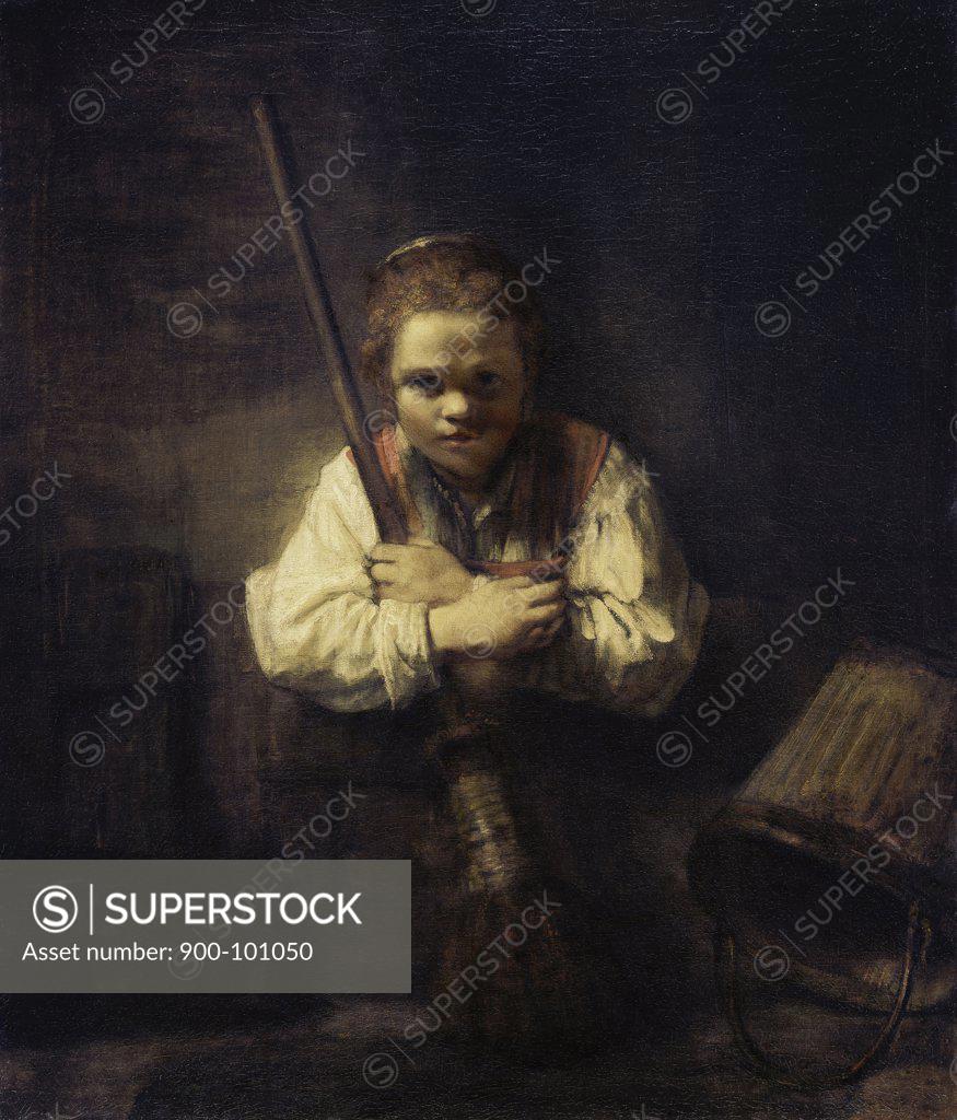 Stock Photo: 900-101050 A Girl With a Broom  1651 Carel Fabritius (Rembrandt's Workshop) (ca.1622-1654 Dutch) Oil on canvas National Gallery of Art, Washington, D.C., USA 