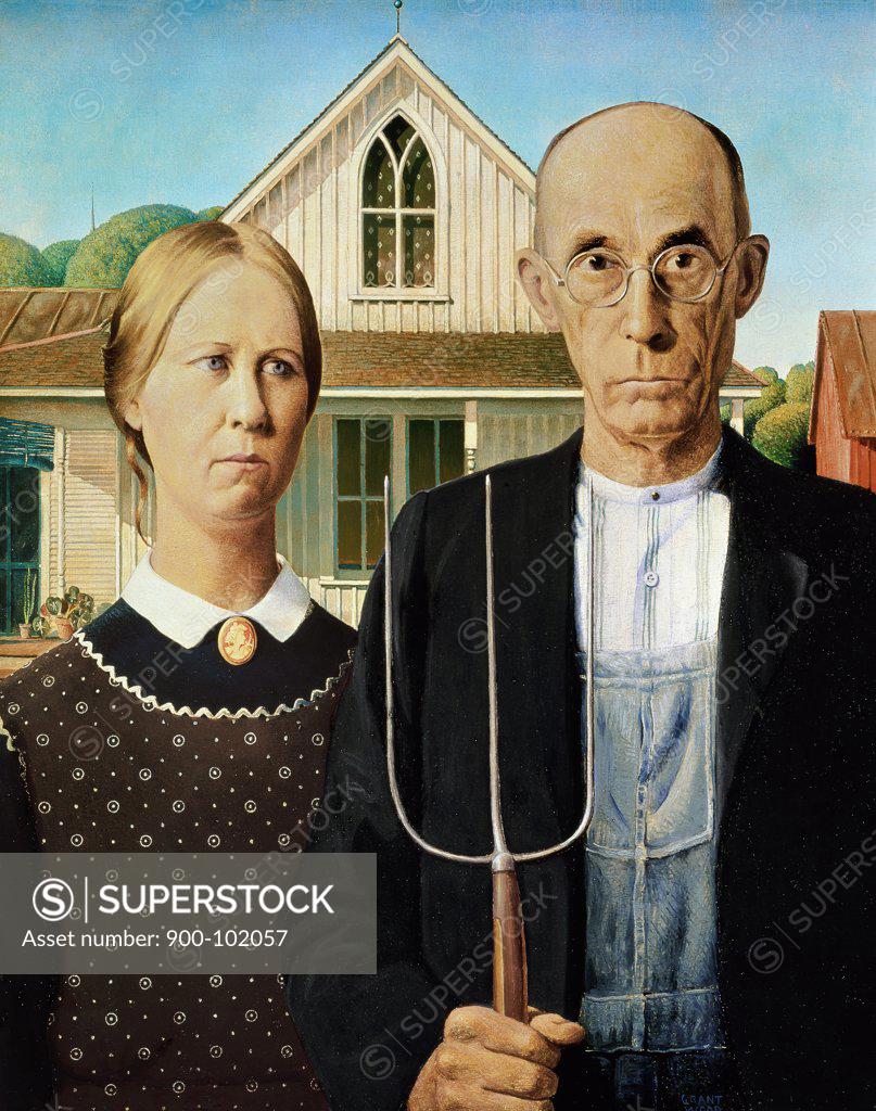 Stock Photo: 900-102057 American Gothic by Grant Wood, oil on canvas, 1930, 1892-1942, USA, Illinois, Art Institute of Chicago