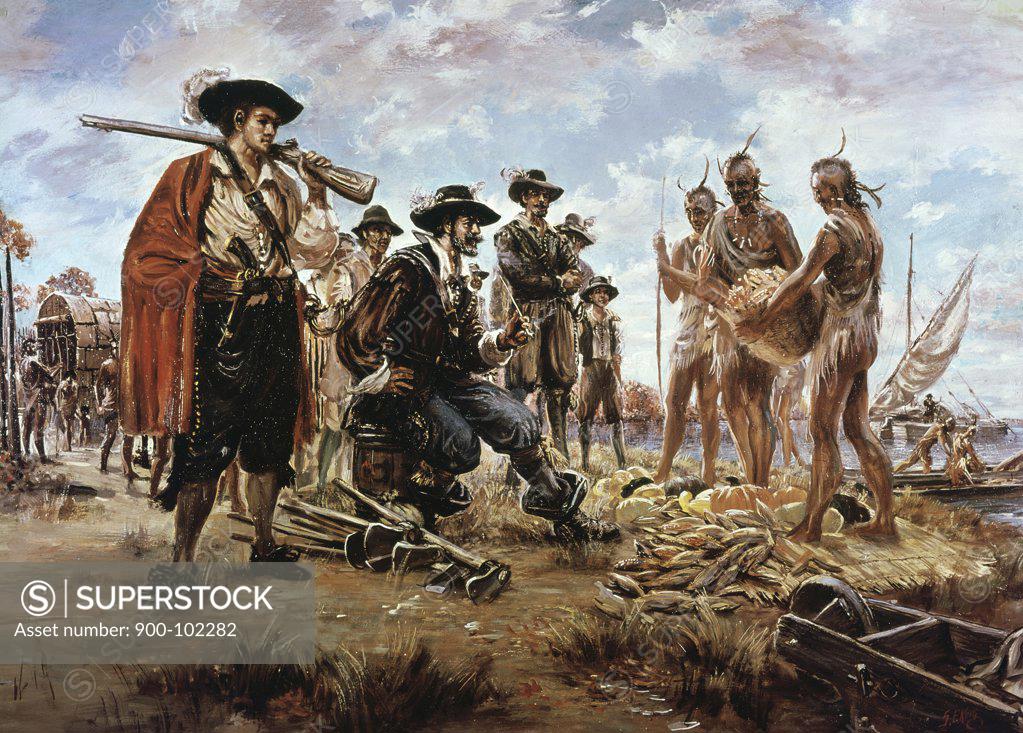 Stock Photo: 900-102282 Trading With the Indians Sidney King 17th Century