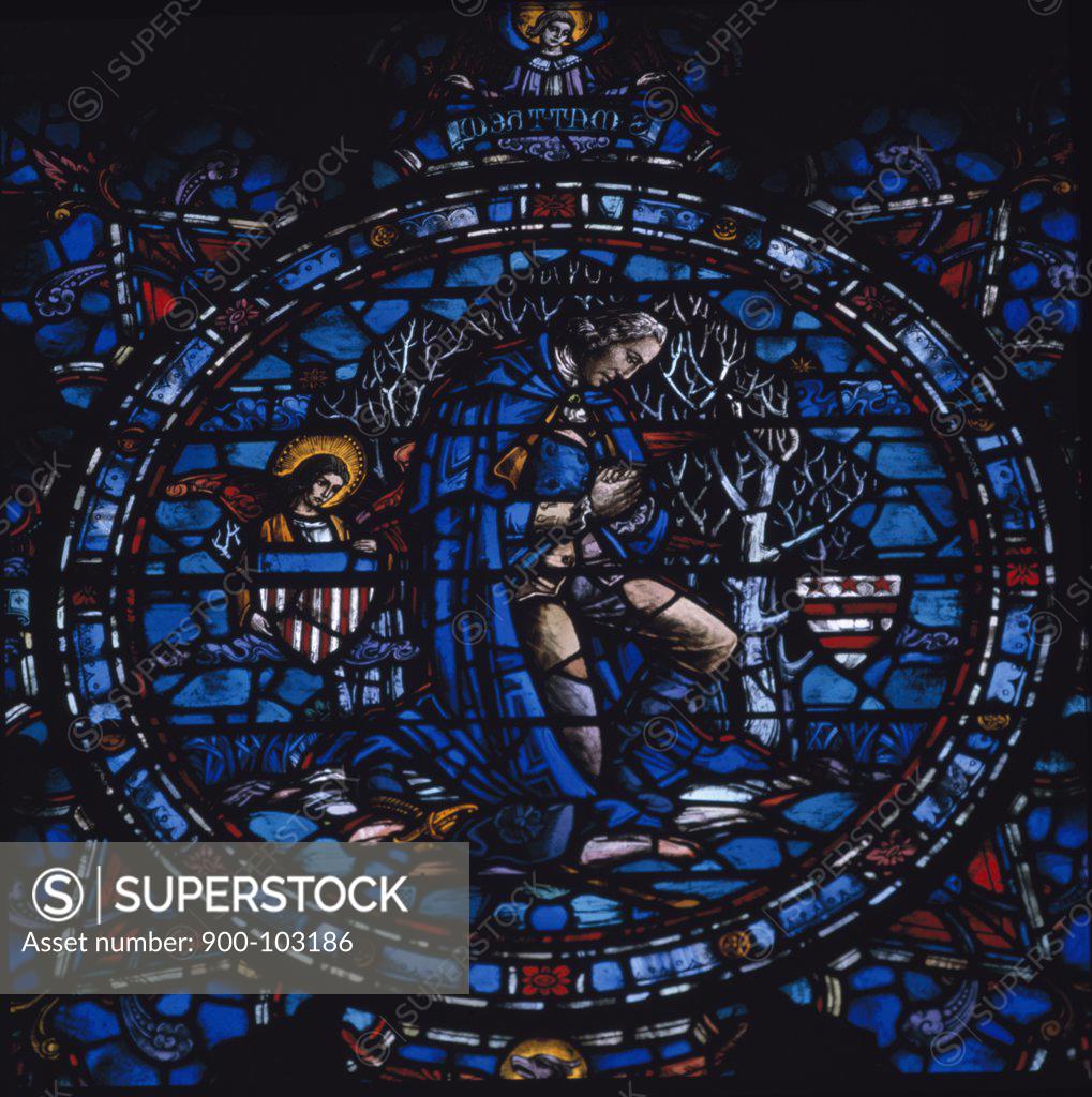 Stock Photo: 900-103186 Washington Praying at Valley Forge,  stained glass window