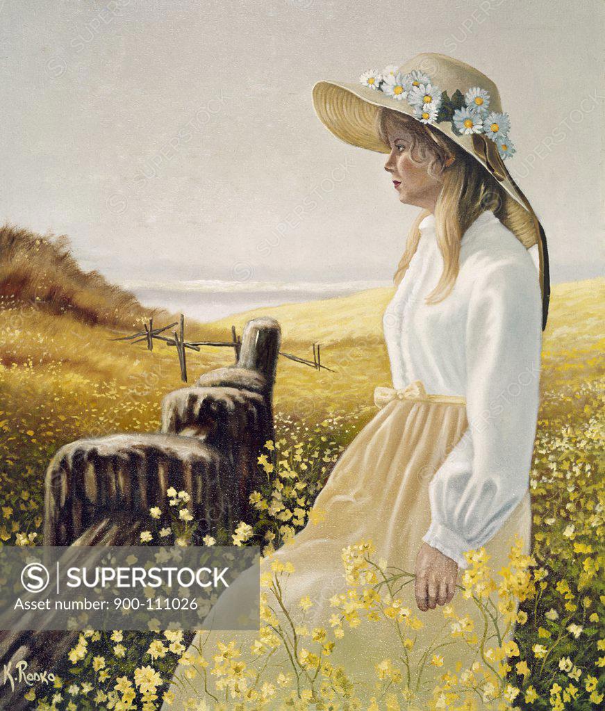 Stock Photo: 900-111026 Girl in a Meadow by Konstantin Rodko, oil on canvas, (1908-1995)