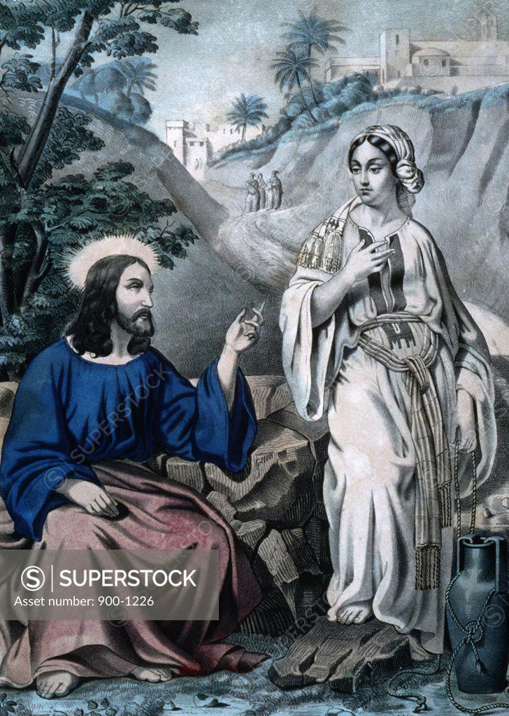 Stock Photo: 900-1226 Christ and the Woman of Samaria at Jacob's Well, Currier and Ives, color lithograph, 1857-1907, Washington, D.C., Library of Congress