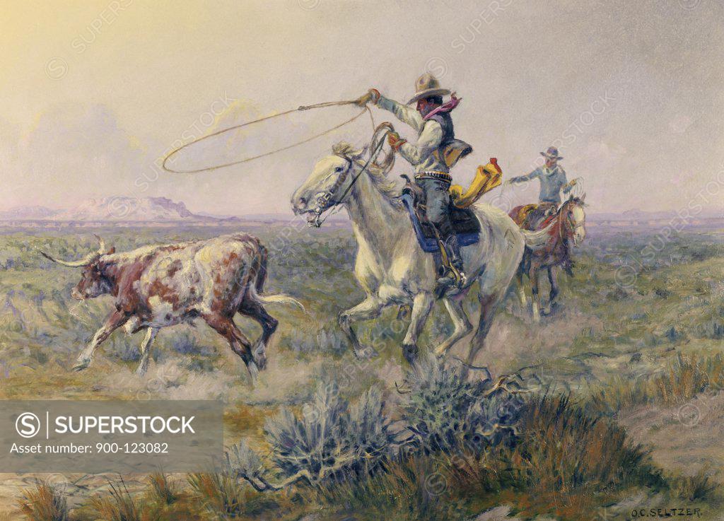 Stock Photo: 900-123082 Two Cowboys Roping Roan Steer by Olaf C. Seltzer, 1877-1957