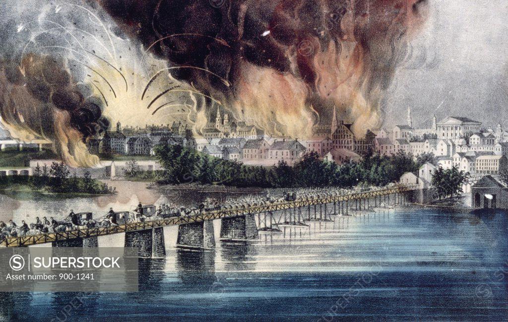 Stock Photo: 900-1241 The Fall of Richmond on the Night of April 2nd, 1865, from Currier & Ives, color lithograph, (1834-1907), USA, Washington DC, Library of Congress