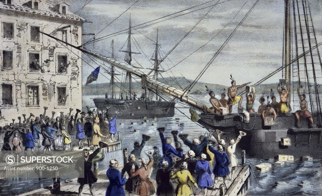Stock Photo: 900-1250 The Destruction of Tea at Boston Harbor Currier and Ives (a.1857-1907/American) Color Lithograph Library of Congress, Washington D.C., USA 