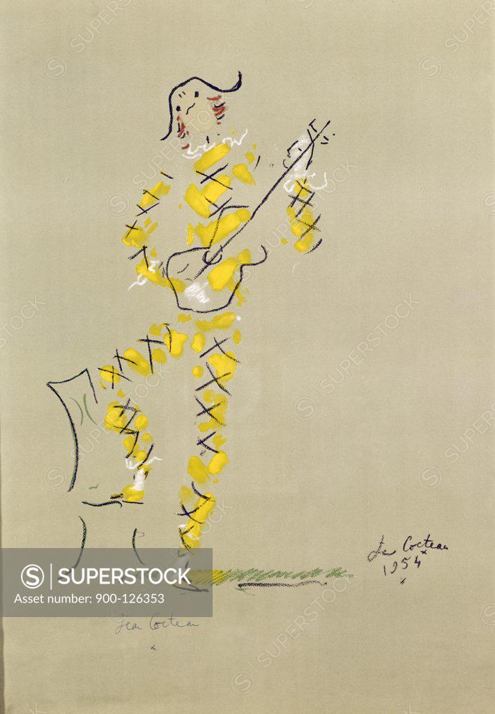Stock Photo: 900-126353 Clown With Guitar by Jean Cocteau, 1889-1963