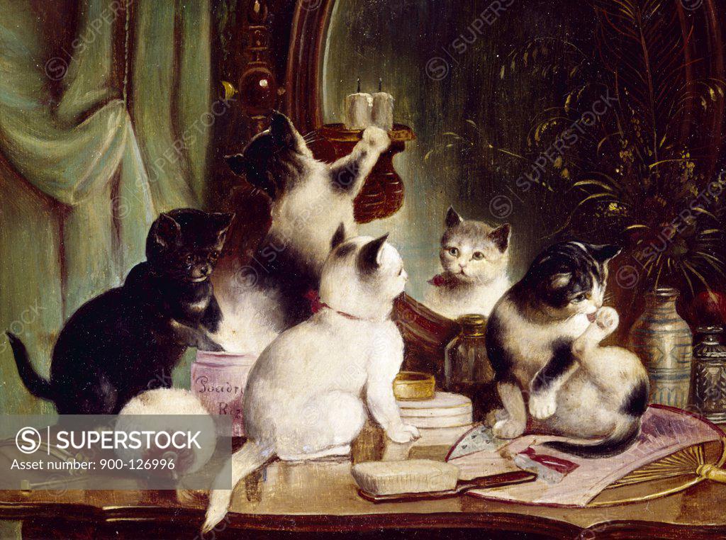 Stock Photo: 900-126996 Kittens on the Vanity Table, Hartung,  J. (20th C./German)