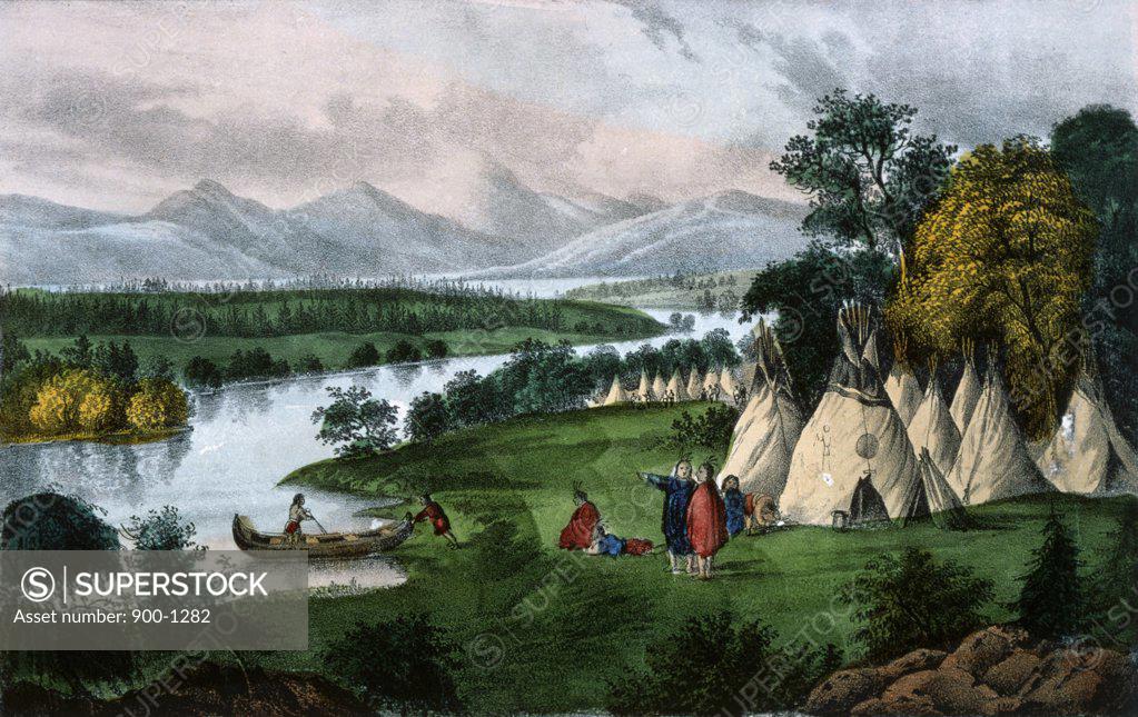 Stock Photo: 900-1282 Scenery of The Upper Mississippi An Indian Village Currier & Ives, Nath. & James A. 1857-1907  American Library of Congress Washington, DC 