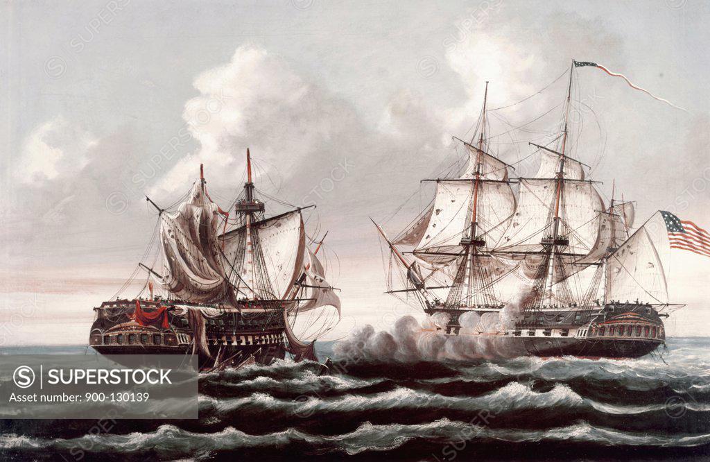 Stock Photo: 900-130139 U.S.S. "Constitution" Defeating The British Ship "Guerriere"--War of 1812 Thomas Birch (1779-1851 American)