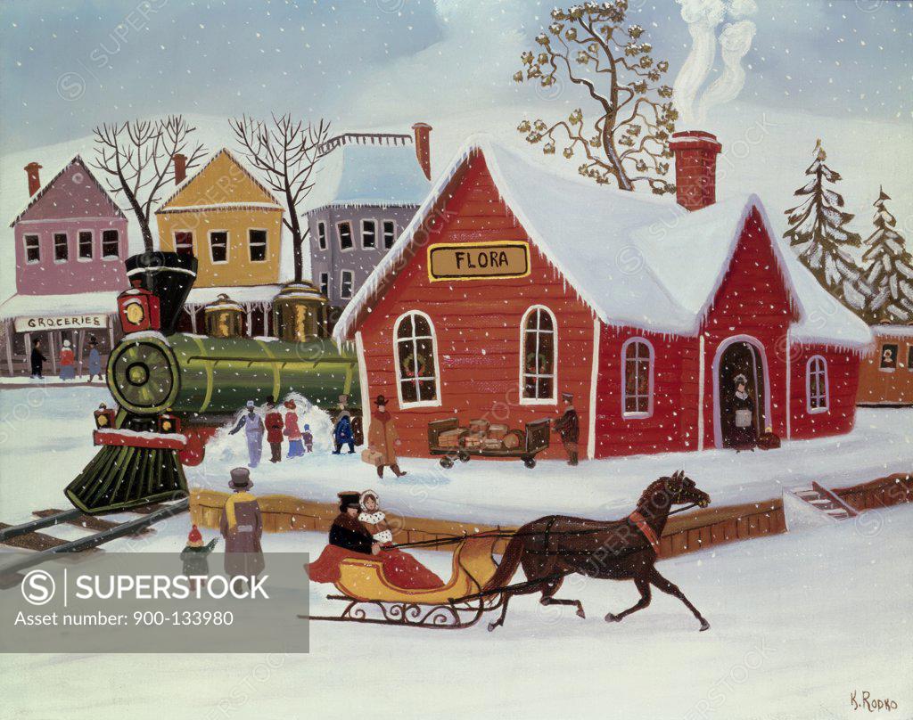 Stock Photo: 900-133980 Railroad Station in Winter Konstantin Rodko (1908-1995/Russian) Oil on canvas