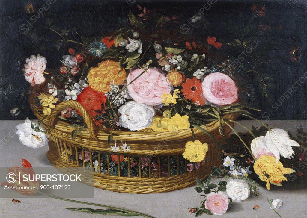Stock Photo: 900-137123 Roses, Tulips, and other Flowers in a Wicker Basket Jan Bruegel the Elder (1568-1625/Flemish)