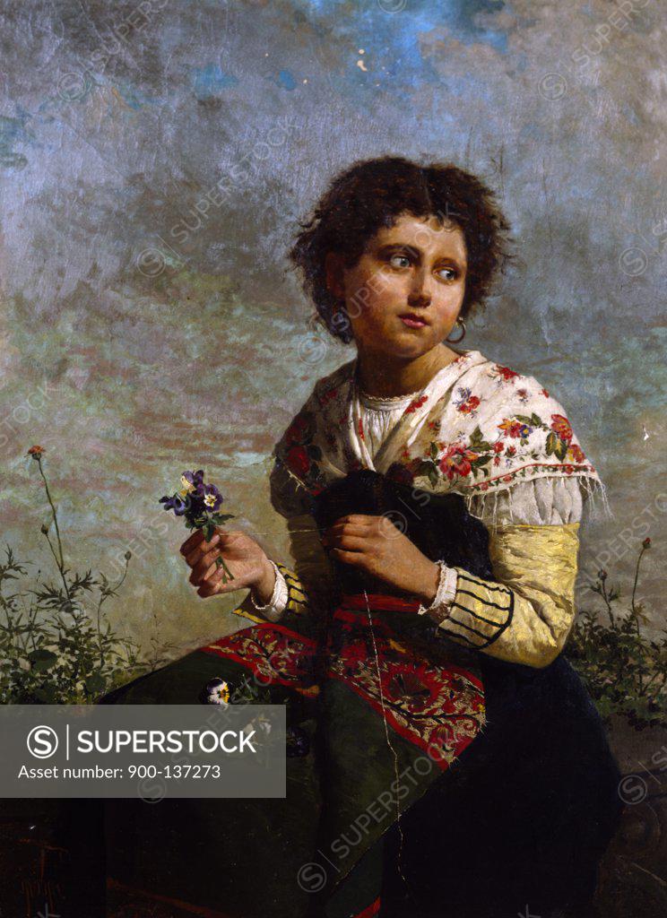 Stock Photo: 900-137273 The Flower Girl  Filippo Indoni (active 1883 Italian) Oil on canvas 
