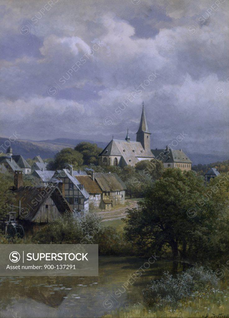 Stock Photo: 900-137291 Bavarian Village by a River by Heinrich Deiters, (1840-1916)