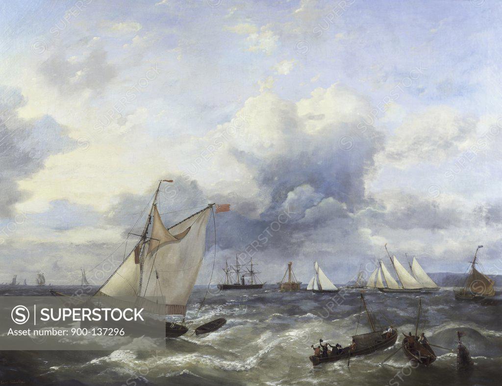 Stock Photo: 900-137296 Sailing Vessels & A Steamship Offshore in a Squall Louis Verboeckhoven (1802-1899/Belgian)