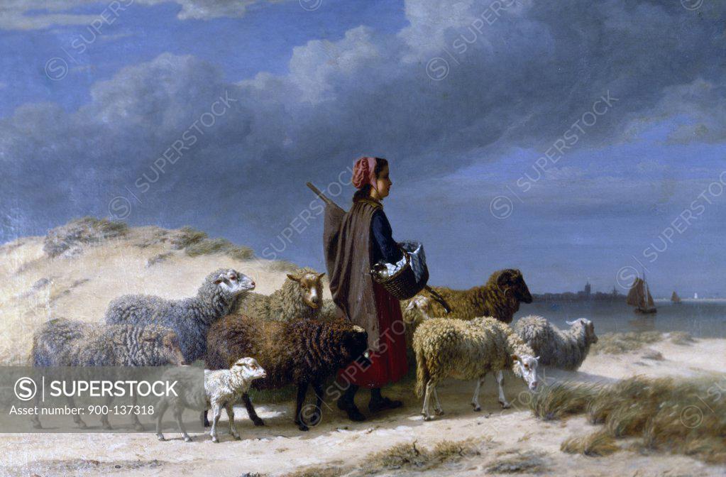 Stock Photo: 900-137318 A Shepherdess & Her Flock by an Estuary (Detail) Edmond Tschaggeny (19th C.) 