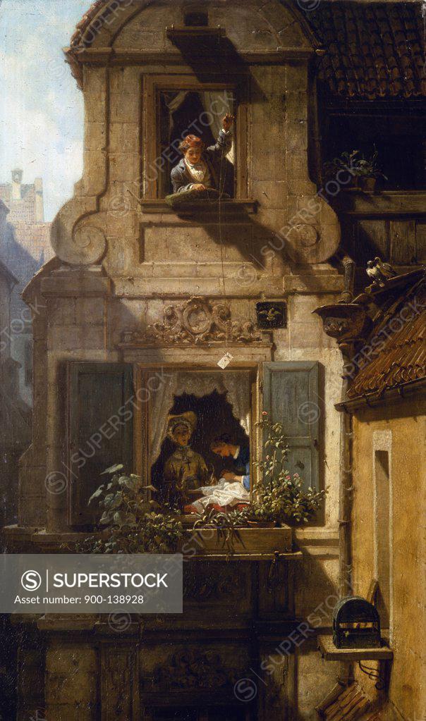Stock Photo: 900-138928 Interception of the Love Letter by Carl Spitzweg,  painted image,  (1808-1885)