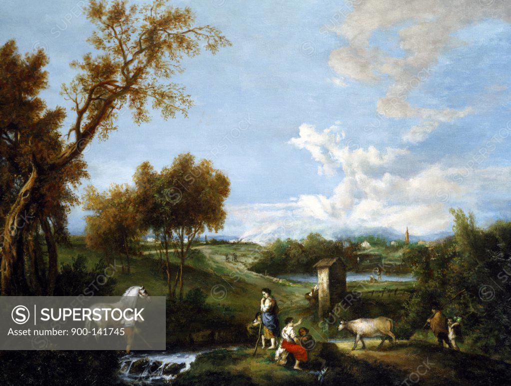 Stock Photo: 900-141745 Landscape Farmers Near the River Artist Unknown