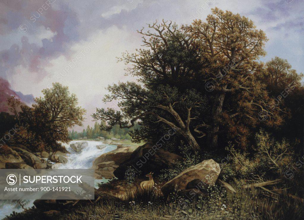 Stock Photo: 900-141921 Deer Near A Stream Carl Hasch (1834-1897 German)