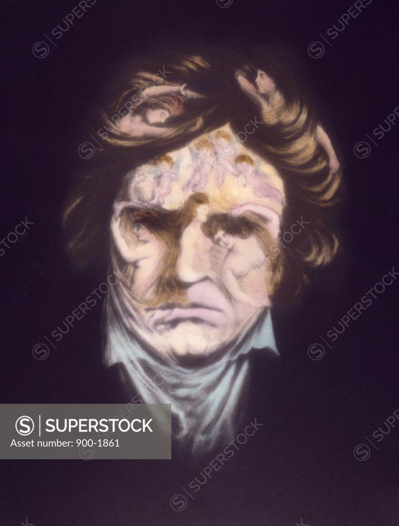 Stock Photo: 900-1861 Portrait of frowning Man composed of naked women,  postcard,  1905