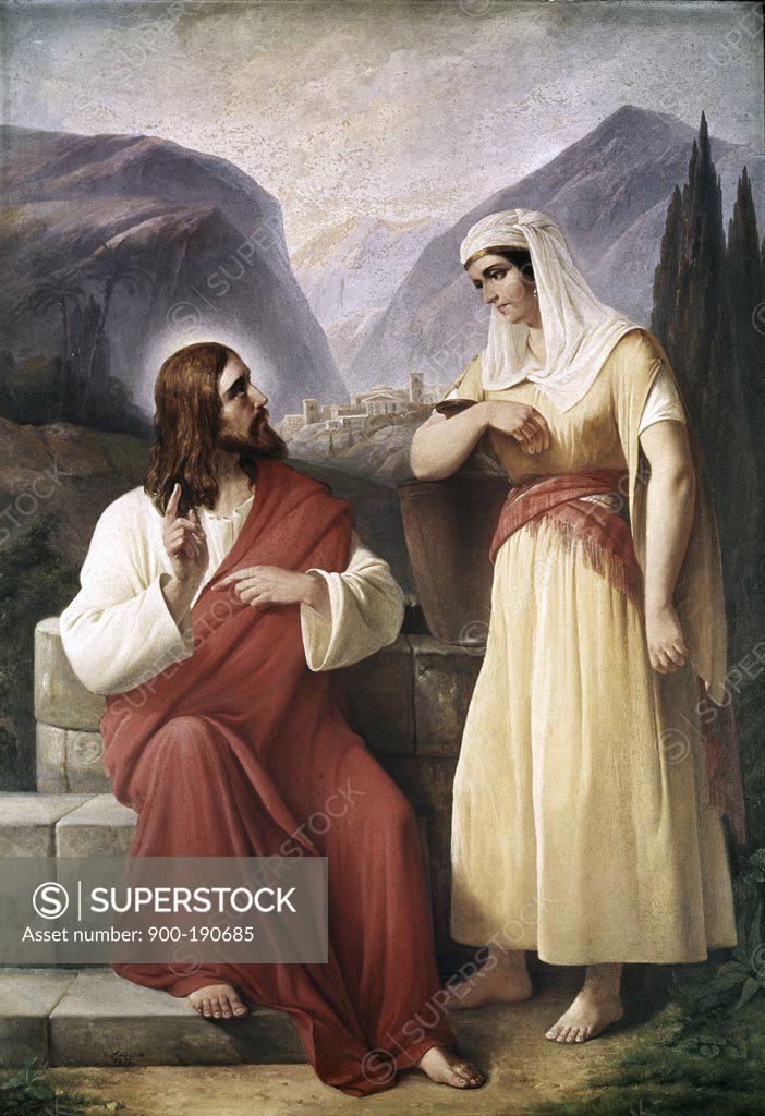 Stock Photo: 900-190685 Christ and the Samaritan Woman at the Well Christian Schleisner (1810-1882) Valgmenigheds Church, Denmark