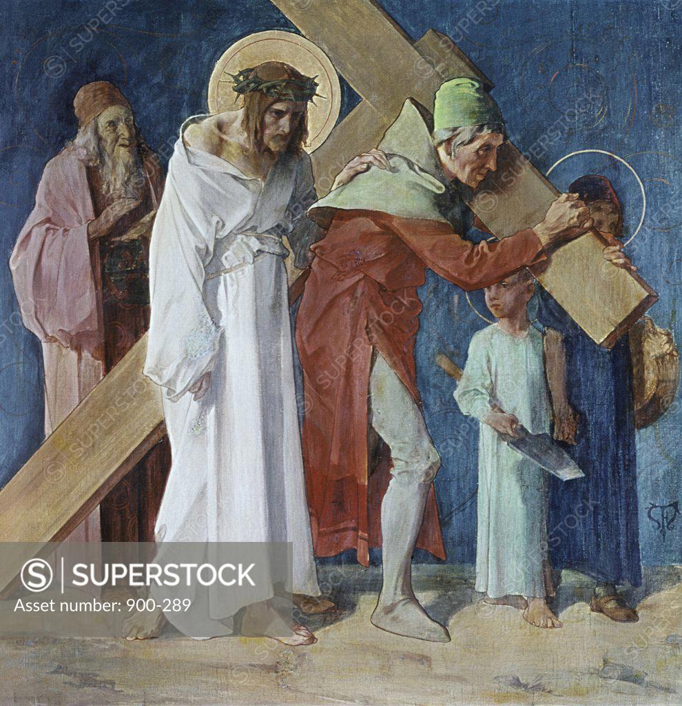 Stock Photo: 900-289 Simon of Cyrene Helps Jesus 5th Station of the Cross Feuerstein, Martin 19thC.-  German St. Anna Church, Munich, Germany 