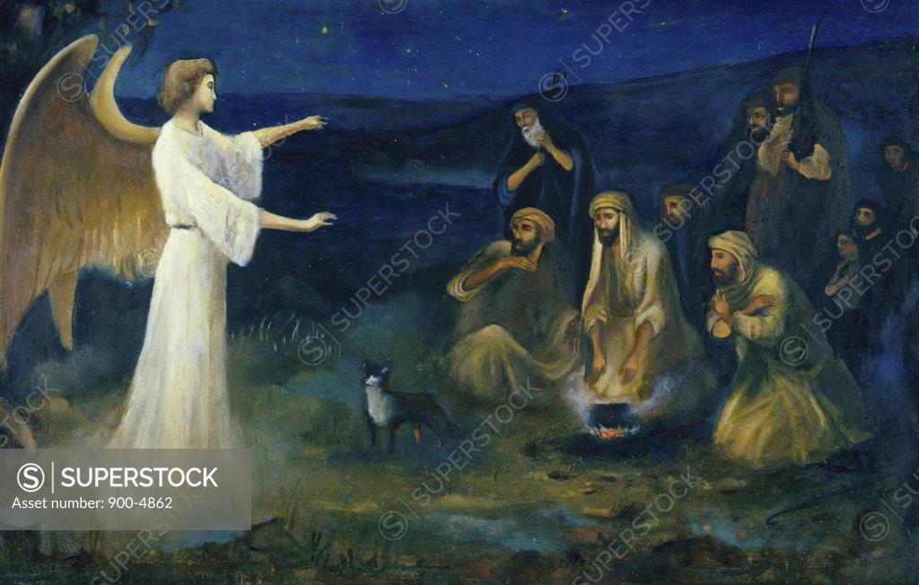 Stock Photo: 900-4862 Angel Announcing the Birth of Christ to Shepherds  Robert Leinweber (1845-1915/ German) 