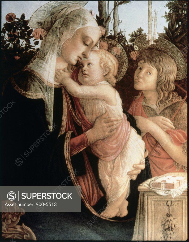 Stock Photo: 900-5513 Madonna of the Rosegarden #2 (with St. John Baptist) 1468-9 Sandro Botticelli (1444-1510 Italian) Tempera on wood panel Musee du Louvre, Paris, France